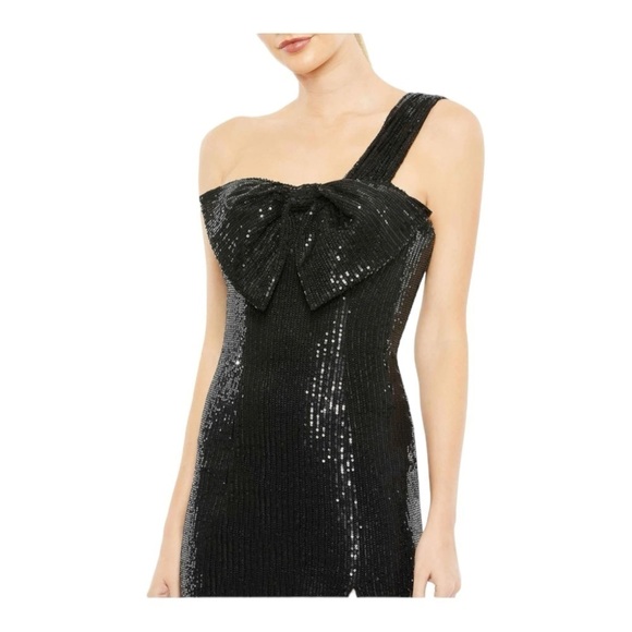 Mac Duggal Sequined One Shoulder Front Bow Dress in Black NWT - Picture 3 of 7